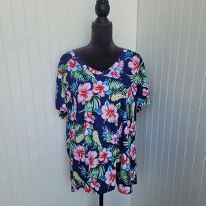 NWT SAMPEEL Womens Floral Hibiscus Tropical  Tunic V-Neck T-Shirt XXXL 3XL